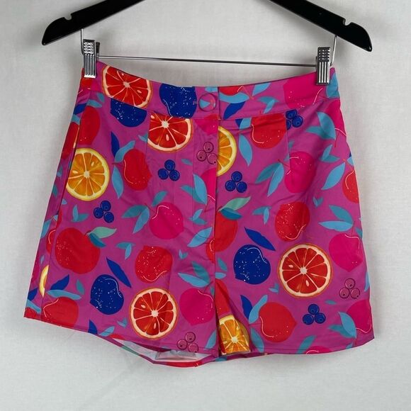 Fruit print high waisted hot shorts with side pockets pink - Picture 5 of 11